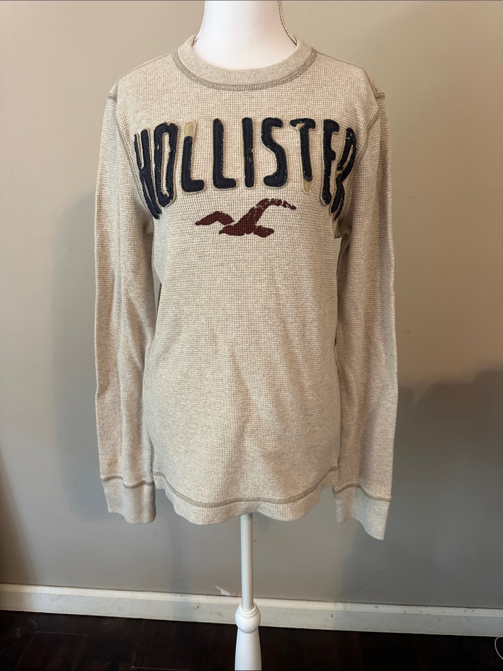 Hollister Cream Crewneck with Navy Logo and Brown Seagull